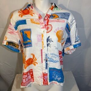 Jane + Delancey Coastal Nautical Print Button Front Shirt Medium